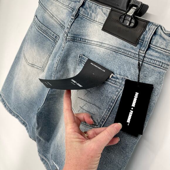 Homme + Femme Mens Hand Painted Logo Distressed Jean Shorts Sz 38 Denim Blue - Picture 5 of 10